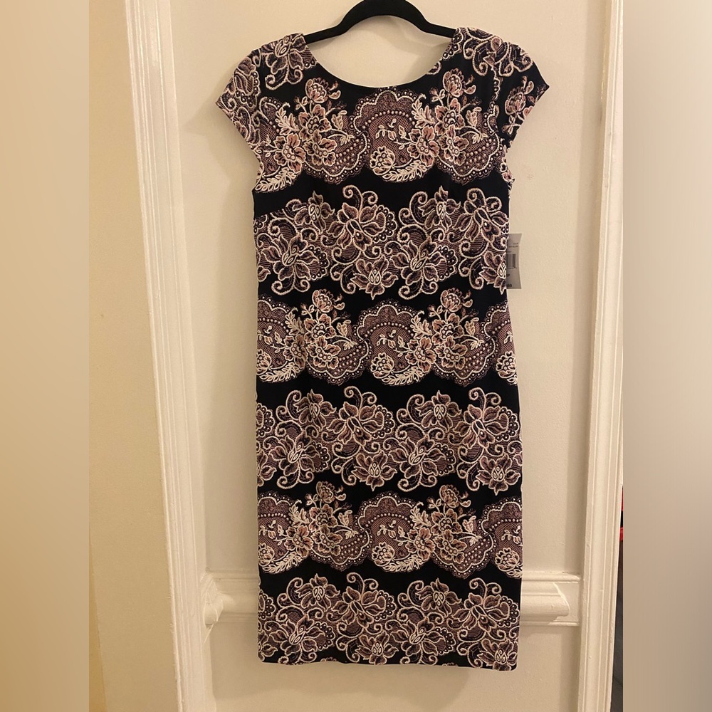 Ronni Nicole Black Sheath Dress with Blush Floral Lace Print
